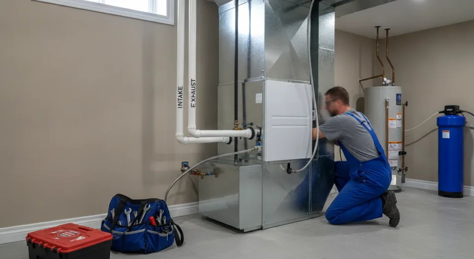 Technician installing a high-efficiency furnace in a Guelph basement